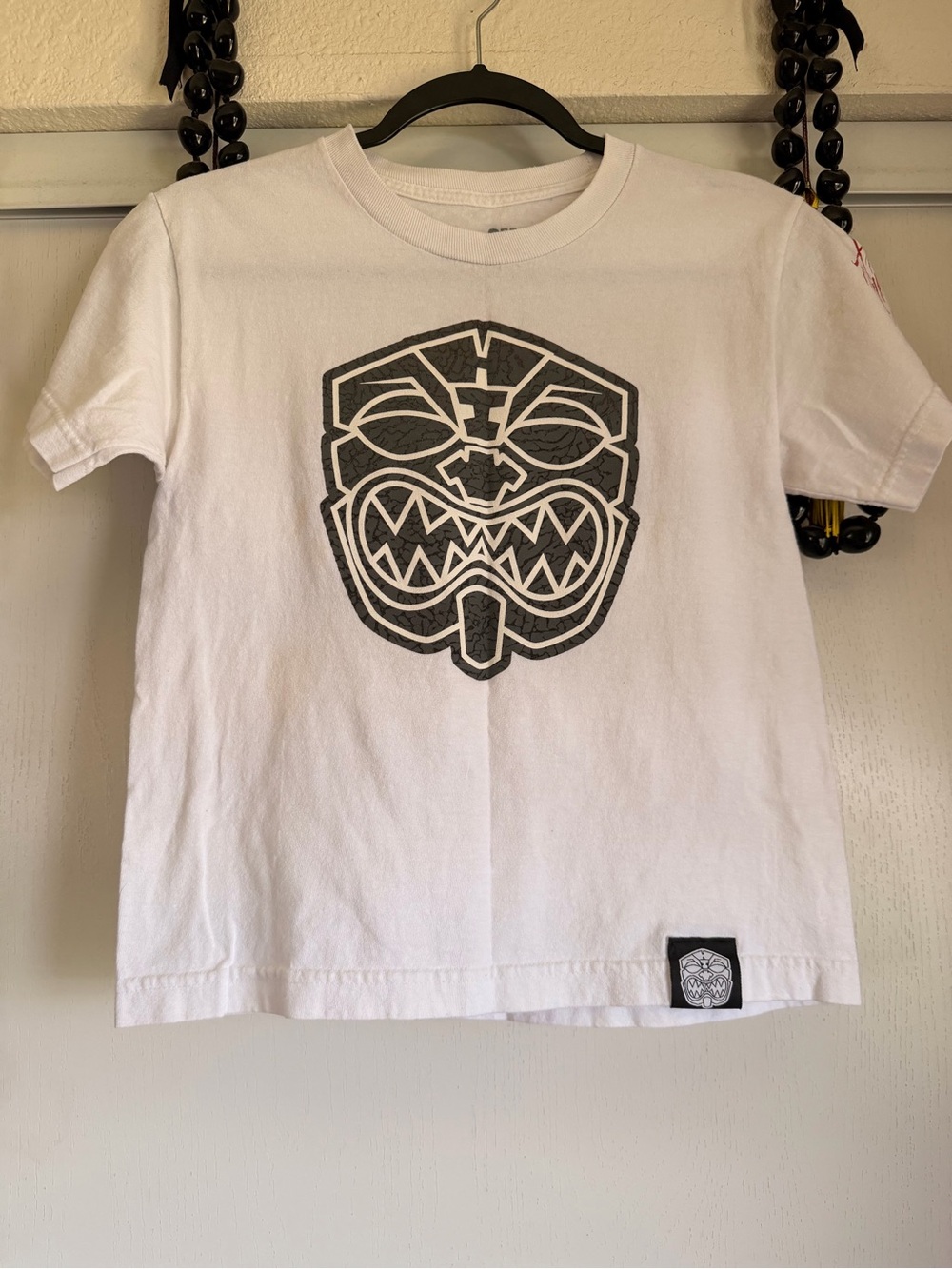 Kids White Short-Sleeve Tee with Tribal Mask Graphic